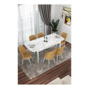 Via Serisi, Beyaz Mermer Desen Masa 80x132 Açılabilir Mutfak Masa Takımı, 6 Sandalye Cappucino