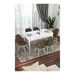Via Serisi, Beyaz Mermer Desen Masa 80x132 Açılabilir Mutfak Masa Takımı, 6 Sandalye Kahverengi
