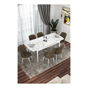 Via Serisi, Beyaz Mermer Desen Masa 80x132 Açılabilir Mutfak Masa Takımı, 6 Sandalye Kahverengi