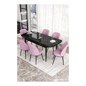 Via Serisi, Siyah Mermer Desen Masa 80x132 Açılabilir Mutfak Masa Takımı, 6 Sandalye Pembe