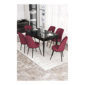 Via Serisi, Siyah Mermer Desen Masa 80x132 Açılabilir Mutfak Masa Takımı, 6 Sandalye Bordo