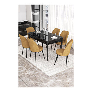 Via Serisi, Siyah Mermer Desen Masa 80x132 Açılabilir Mutfak Masa Takımı, 6 Sandalye Cappucino