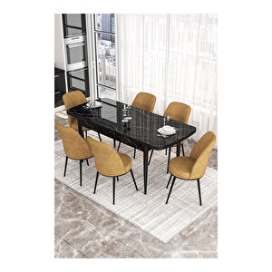 Via Serisi, Siyah Mermer Desen Masa 80x132 Açılabilir Mutfak Masa Takımı, 6 Sandalye Cappucino