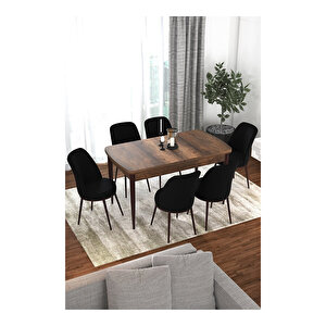 Via Serisi, Barok Ahşap Desen Masa 80x132 Açılabilir Mutfak Masa Takımı, 6 Sandalye Siyah