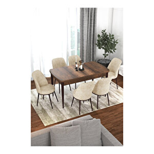 Via Serisi, Barok Ahşap Desen Masa 80x132 Açılabilir Mutfak Masa Takımı, 6 Sandalye Krem