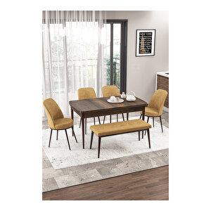 Via Serisi Barok Ahşap Desen 80x132 Yemek Odası Takımı 4 Sandalye,1 Pera Bench Cappucino