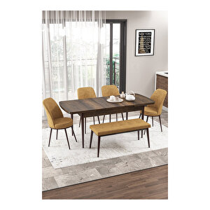 Via Serisi Barok Ahşap Desen 80x132 Yemek Odası Takımı 4 Sandalye,1 Pera Bench Cappucino