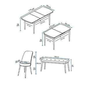 Via Serisi Barok Ahşap Desen 80x132 Yemek Odası Takımı 4 Sandalye,1 Pera Bench