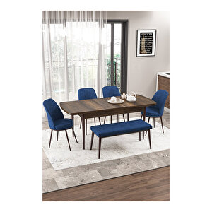 Via Serisi Barok Ahşap Desen 80x132 Yemek Odası Takımı 4 Sandalye,1 Pera Bench Lacivert