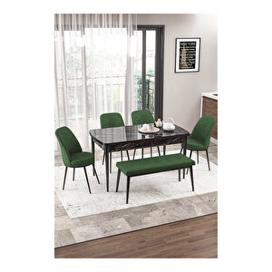 Via Serisi Siyah Mermer Desen, 80x132 Yemek Odası Takımı,4 Adet Sandalye 1 Adet Pera Bench Haki Yeşili