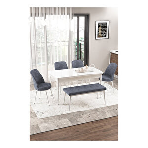 Via Serisi, Beyaz Masa 80x132 Yemek Odası Takımı,4 Adet Sandalye 1 Adet Pera Bench Füme