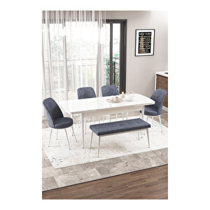Via Serisi, Beyaz Masa 80x132 Yemek Odası Takımı,4 Adet Sandalye 1 Adet Pera Bench Füme