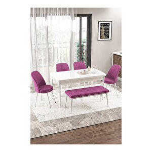 Via Serisi, Beyaz Masa 80x132 Yemek Odası Takımı,4 Adet Sandalye 1 Adet Pera Bench Mor