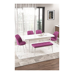 Via Serisi, Beyaz Masa 80x132 Yemek Odası Takımı,4 Adet Sandalye 1 Adet Pera Bench Mor