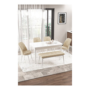 Via Serisi, Beyaz Masa 80x132 Yemek Odası Takımı,4 Adet Sandalye 1 Adet Pera Bench Krem