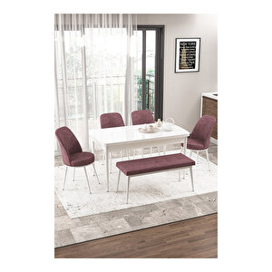 Via Serisi, Beyaz Masa 80x132 Yemek Odası Takımı,4 Adet Sandalye 1 Adet Pera Bench