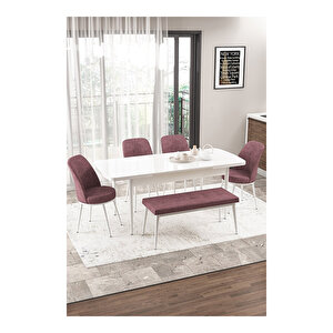 Via Serisi, Beyaz Masa 80x132 Yemek Odası Takımı,4 Adet Sandalye 1 Adet Pera Bench