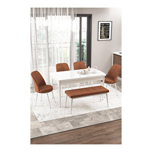 Via Serisi, Beyaz Masa 80x132 Yemek Odası Takımı,4 Adet Sandalye 1 Adet Pera Bench Kiremit