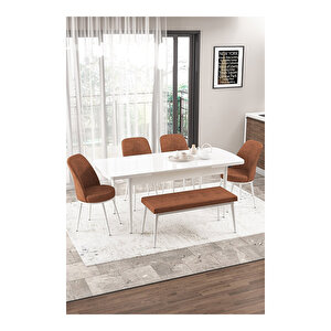 Via Serisi, Beyaz Masa 80x132 Yemek Odası Takımı,4 Adet Sandalye 1 Adet Pera Bench Kiremit