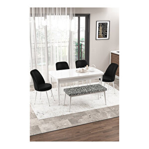 Via Serisi, Beyaz Masa 80x132 Yemek Odası Takımı,4 Adet Sandalye 1 Adet Zebra Desen Pera Bench Siyah