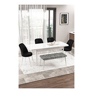 Via Serisi, Beyaz Masa 80x132 Yemek Odası Takımı,4 Adet Sandalye 1 Adet Zebra Desen Pera Bench Siyah