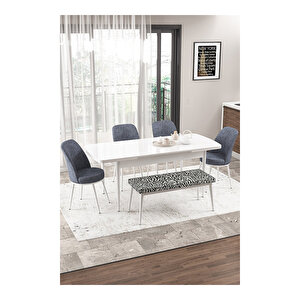 Via Serisi, Beyaz Masa 80x132 Yemek Odası Takımı,4 Adet Sandalye 1 Adet Zebra Desen Pera Bench