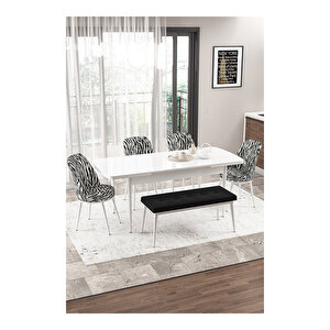 Via Serisi, Beyaz Masa 80x132 Yemek Odası Takımı,4 Adet Zebra Desen Sandalye 1 Adet Siyah Pera Bench