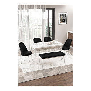 Via Serisi Beyaz Mermer Desen, 80x132 Yemek Odası Takımı,4 Adet Sandalye 1 Adet Pera Bench Siyah