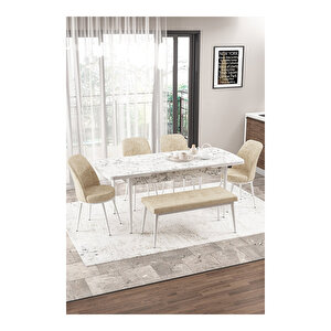 Via Serisi Beyaz Mermer Desen, 80x132 Yemek Odası Takımı,4 Adet Sandalye 1 Adet Pera Bench
