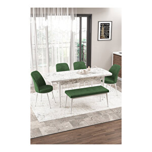 Via Serisi Beyaz Mermer Desen, 80x132 Yemek Odası Takımı,4 Adet Sandalye 1 Adet Pera Bench Haki Yeşili