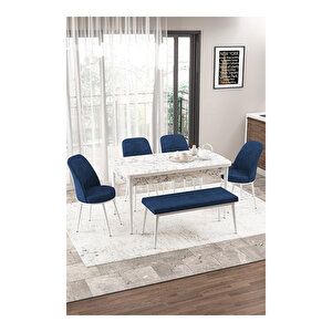 Via Serisi Beyaz Mermer Desen, 80x132 Yemek Odası Takımı,4 Adet Sandalye 1 Adet Pera Bench Lacivert