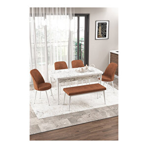 Via Serisi Beyaz Mermer Desen, 80x132 Yemek Odası Takımı,4 Adet Sandalye 1 Adet Pera Bench Kiremit