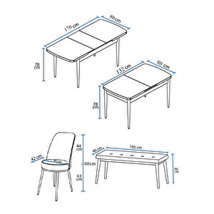 Via Serisi Beyaz Mermer Desen, 80x132 Yemek Odası Takımı,4 Adet Sandalye 1 Adet Pera Bench