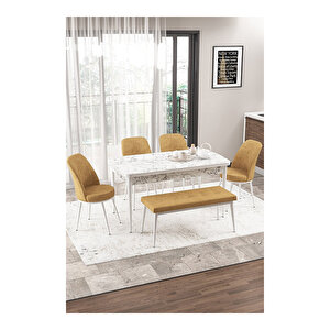 Via Serisi Beyaz Mermer Desen, 80x132 Yemek Odası Takımı,4 Adet Sandalye 1 Adet Pera Bench Cappucino