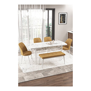 Via Serisi Beyaz Mermer Desen, 80x132 Yemek Odası Takımı,4 Adet Sandalye 1 Adet Pera Bench Cappucino