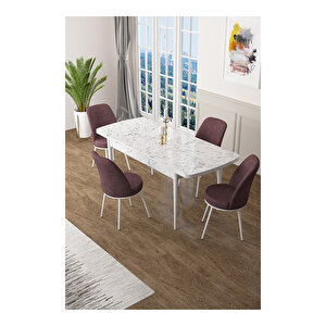 Zen Serisi Beyaz Mermer Desen Mdf 80x132 Açılabilir Mutfak Masası Takımı, 4 Sandalye Gül Kurusu