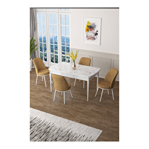 Zen Serisi Beyaz Mermer Desen Mdf 80x132 Açılabilir Mutfak Masası Takımı, 4 Sandalye Cappucino