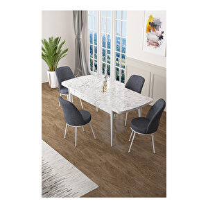 Zen Serisi Beyaz Mermer Desen Mdf 80x132 Açılabilir Mutfak Masası Takımı, 4 Sandalye Füme