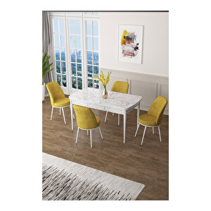 Zen Serisi Beyaz Mermer Desen Mdf 80x132 Açılabilir Mutfak Masası Takımı, 4 Sandalye