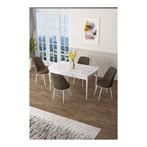Zen Serisi Beyaz Mermer Desen Mdf 80x132 Açılabilir Mutfak Masası Takımı, 4 Sandalye Kahverengi