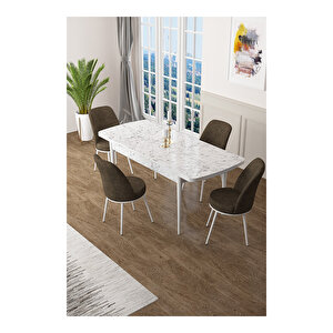 Zen Serisi Beyaz Mermer Desen Mdf 80x132 Açılabilir Mutfak Masası Takımı, 4 Sandalye Kahverengi