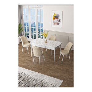 Zen Serisi Beyaz Mermer Desen Mdf 80x132 Açılabilir Mutfak Masası Takımı, 4 Sandalye Krem