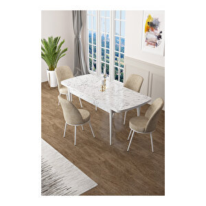 Zen Serisi Beyaz Mermer Desen Mdf 80x132 Açılabilir Mutfak Masası Takımı, 4 Sandalye Krem