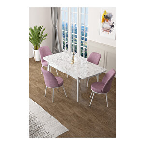 Zen Serisi Beyaz Mermer Desen Mdf 80x132 Açılabilir Mutfak Masası Takımı, 4 Sandalye Pembe