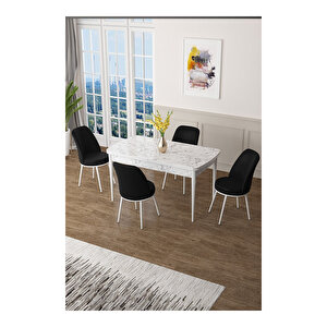 Zen Serisi Beyaz Mermer Desen Mdf 80x132 Açılabilir Mutfak Masası Takımı, 4 Sandalye Siyah