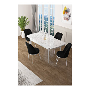 Zen Serisi Beyaz Mermer Desen Mdf 80x132 Açılabilir Mutfak Masası Takımı, 4 Sandalye Siyah