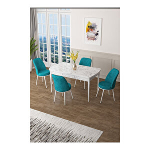 Zen Serisi Beyaz Mermer Desen Mdf 80x132 Açılabilir Mutfak Masası Takımı, 4 Sandalye Turkuaz