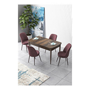 Zen Serisi Barok Ahşap Desen Mdf 80x132 Açılabilir Mutfak Masası Takımı, 4 Sandalye Gül Kurusu