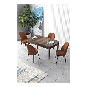 Zen Serisi Barok Ahşap Desen Mdf 80x132 Açılabilir Mutfak Masası Takımı, 4 Sandalye Kiremit