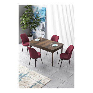 Zen Serisi Barok Ahşap Desen Mdf 80x132 Açılabilir Mutfak Masası Takımı, 4 Sandalye Bordo